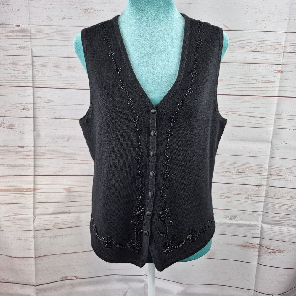 Vintage Herman Geist Womens Sz M Black Wool Blend Button Up Sweater Vest Beaded